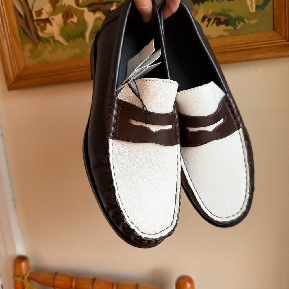 Zara Leather Two Tone Penny Loafers Brown White Preppy Old Money NWT 41 EU 8 US - Picture 3 of 12